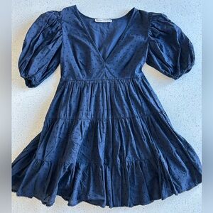 Abercrombie & Fitch Navy Blue V-Neck Puff Sleeve Tiered Mini Dress